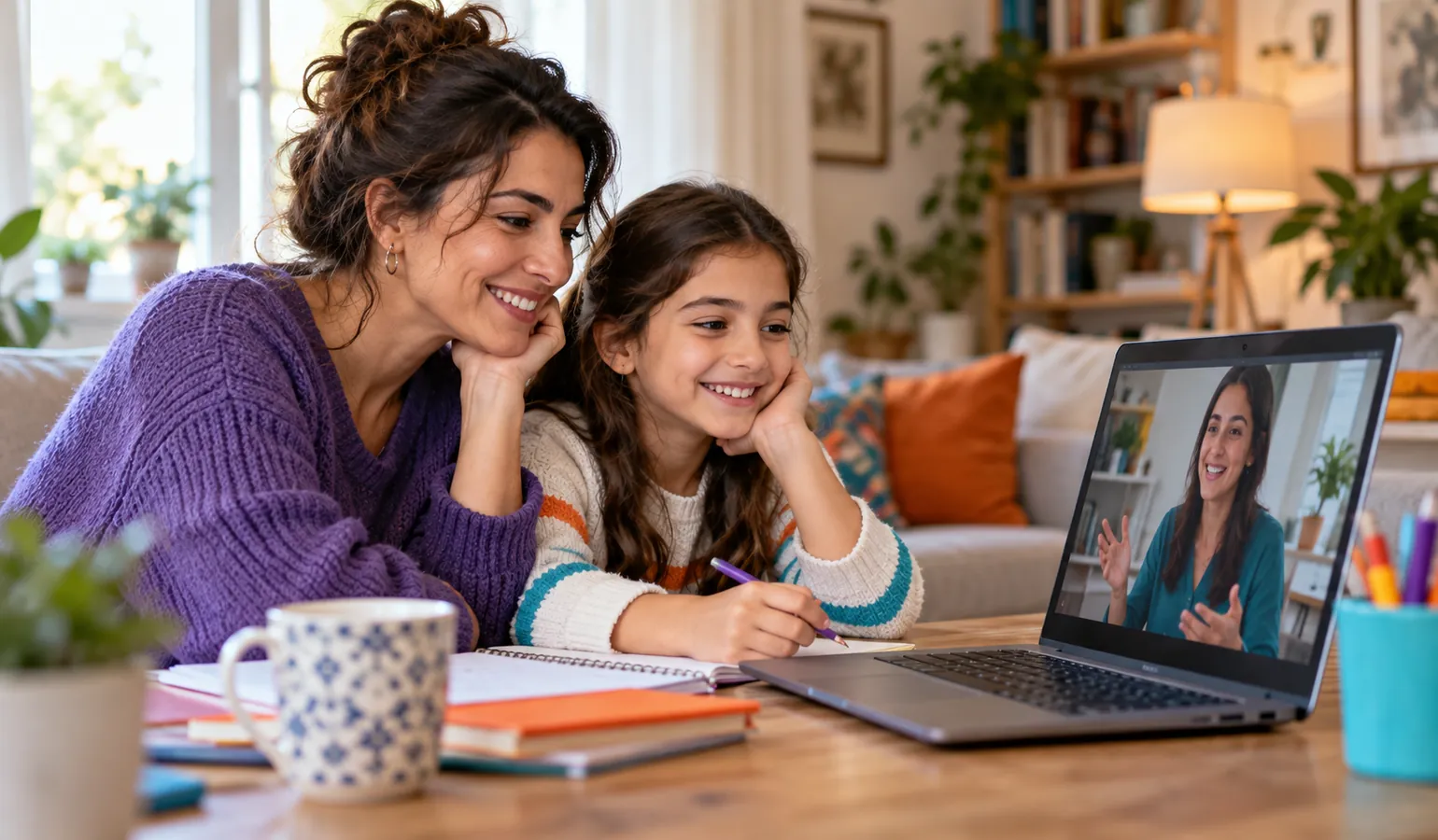 Online İngilizce kursunu tavsiye eden veli ve çocuk